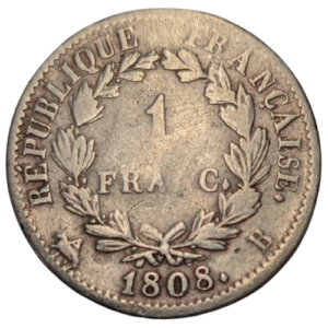 Napoléon 1er, 1 franc tête laurée république française	1808 Rouen