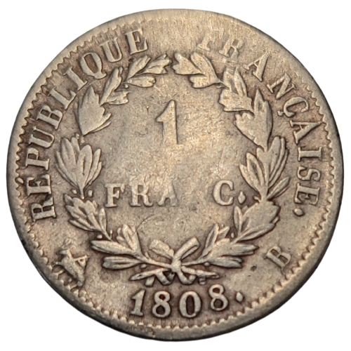 Napoléon 1er, 1 franc tête laurée république française 1808 Rouen