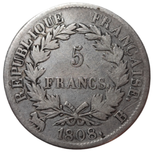 Napoleon 1er, 5 francs tête laurée république, tranche fautée 1808 Rouen