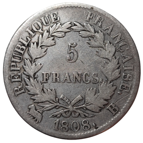 Napoleon 1er, 5 francs tête laurée république, tranche fautée 1808 Rouen