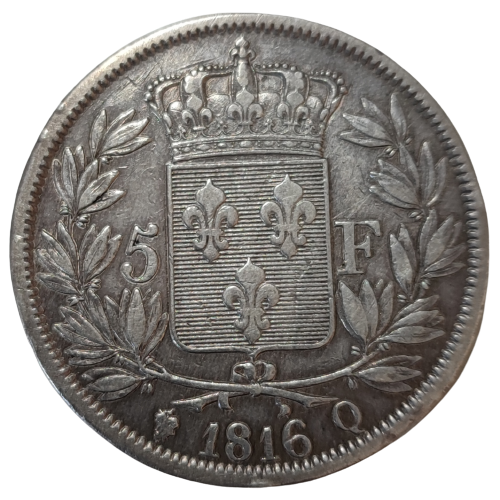 Louis XVIII, 5 francs tête nue 1816 Perpignan