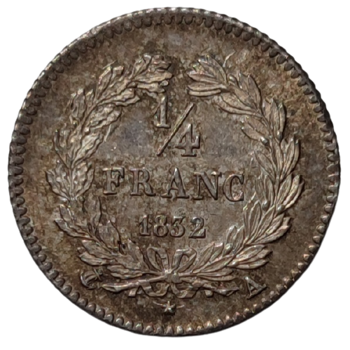 Louis-Philippe 1er, quart de franc, variété 1(8/3)3(2/1), 1832 Paris