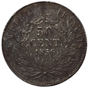 Napoléon III, 50 centimes tête nue variété aux petits différents 1856 Paris