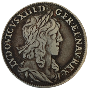 Louis XIII, quart d’écu, 1er poinçon de Warin buste drapé, variété 2 points et 1 point sous le buste 1642 Paris