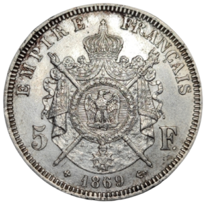 Napoléon III, 5 francs tête laurée, variété petit BB 1869 Strasbourg