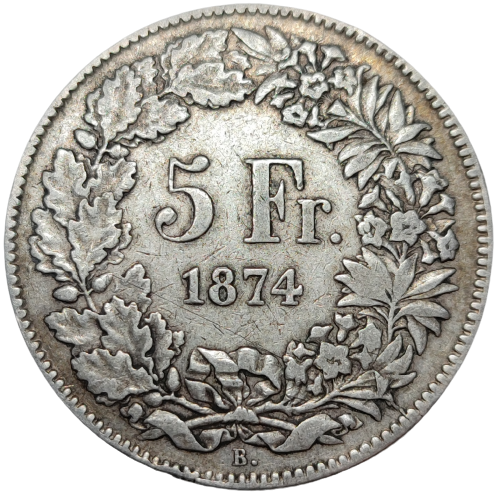 Suisse, 5 francs Helvetia assise 1874 Bruxelles