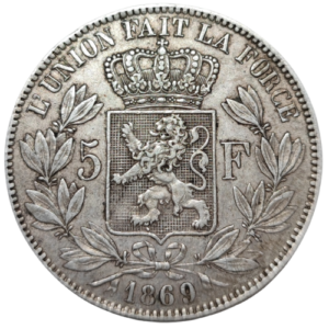 Léopold II, 5 francs 1869 Bruxelles