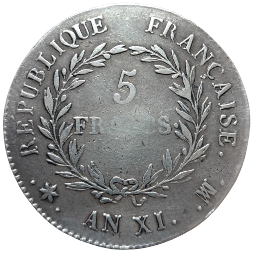Consulat, 5 francs Bonaparte premier consul An XI Marseille