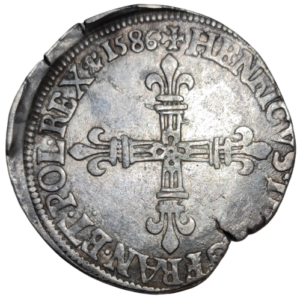 Henri III, quart d’écu à la croix de face 1586 Saint-Lô