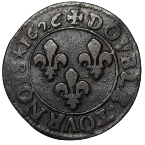 Louis XIII, double tournois, buste juvénile au col fraisé et à la tête nue	1626 Riom