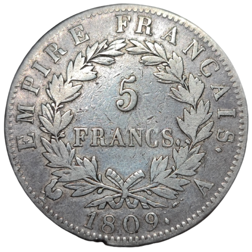 Napoléon 1er, 5 francs, Napoléon empereur, empire français 1809 Paris