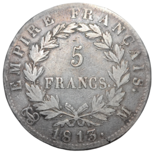 Napoléon 1er, 5 francs, Napoléon empereur, empire français 1813 Toulouse