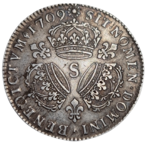 Louis XIV, quart d’écu aux 3 couronnes 1709	Reims