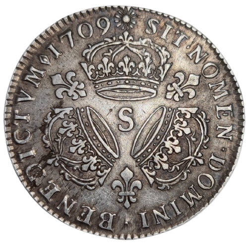 Louis XIV, quart d'écu aux 3 couronnes 1709 Reims