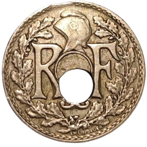 IIIème République, 5 centimes Lindauer petit module, trou décentré 1936