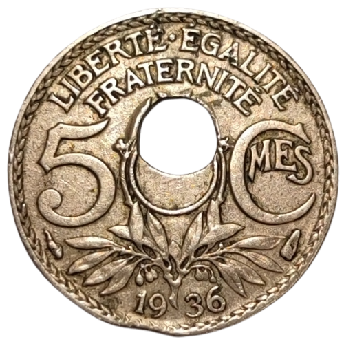 IIIème République, 5 centimes Lindauer petit module, trou décentré 1936
