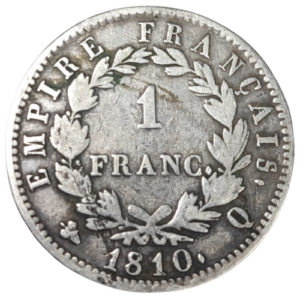 Napoléon 1er, 1 franc tête laurée, empire français 1810 Perpignan