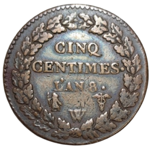 Directoire, cinq centimes Dupré, grand module l&rsquo;an 8 Lille