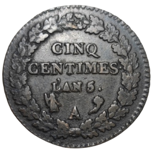Directoire, cinq centimes Dupré, grand module l&rsquo;an 5 Paris