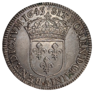 Louis XIII, quart d&rsquo;écu, 2ème poinçon de Warin, buste drapé et cuirassé 1643 Paris