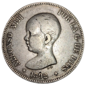 Alphonse XIII, 5 pesetas, 1er type 1892 Madrid