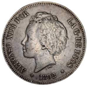 Alphonse XIII, 5 pesetas, 2ème type 1892 Madrid