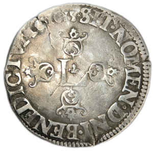 Louis XIII, demi-franc, grosse tête laurée au col fraisé 1615 Saint-Lô