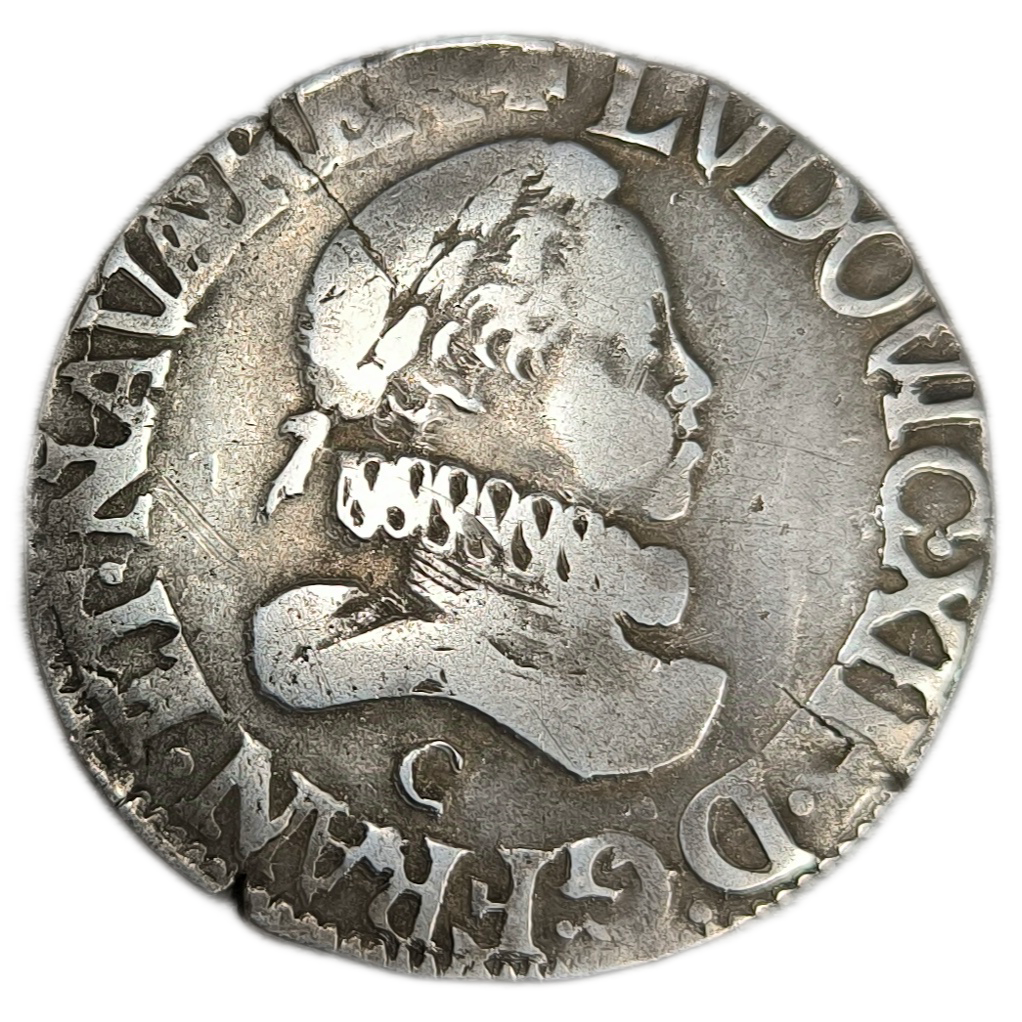 Louis XIII, demi-franc, grosse tête laurée au col fraisé 1615 Saint-Lô