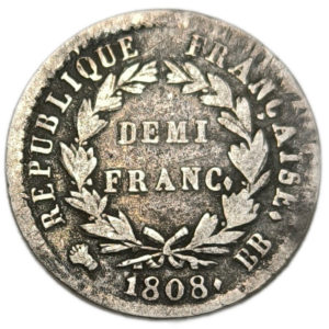 Napoléon 1er, demi-franc, tête laurée, république française 1808 Strasbourg