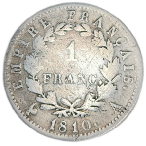 Napoléon 1er, 1 franc tête laurée, empire français 1810 Paris