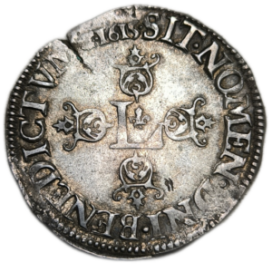 Louis XIII, demi-franc, grosse tête laurée au col fraisé 1615 Saint-Lô