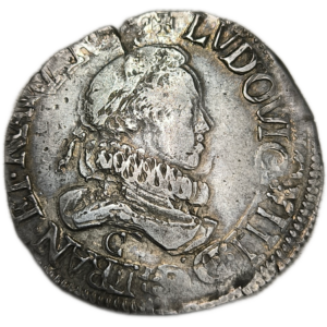 Louis XIII, demi-franc, grosse tête laurée au col fraisé 1615 Saint-Lô