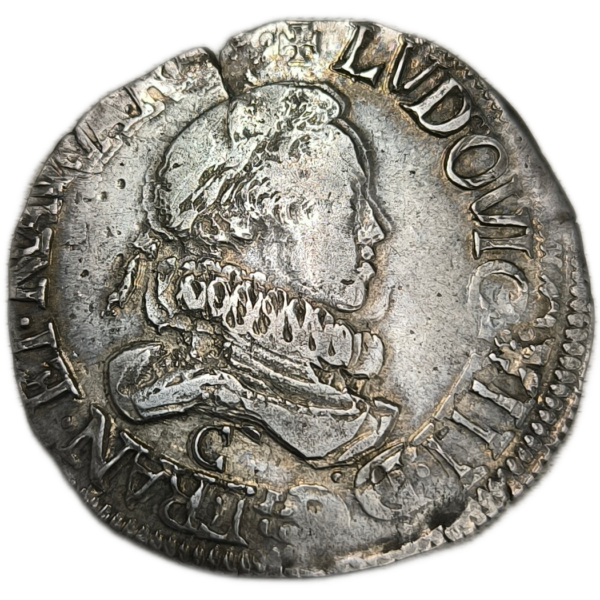 Louis XIII, demi-franc, grosse tête laurée au col fraisé 1615 Saint-Lô