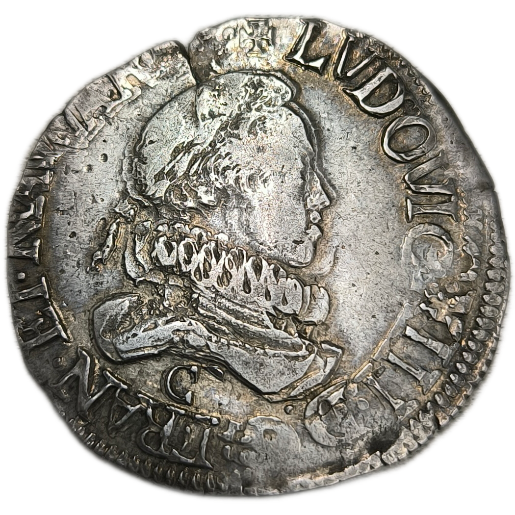 Louis XIII, demi-franc, grosse tête laurée au col fraisé 1615 Saint-Lô