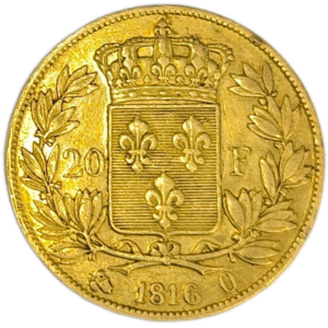 Louis XVIII, 20 francs, tête nue 1816 Perpignan