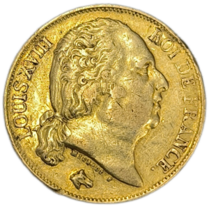 Louis XVIII, 20 francs, tête nue 1816 Perpignan