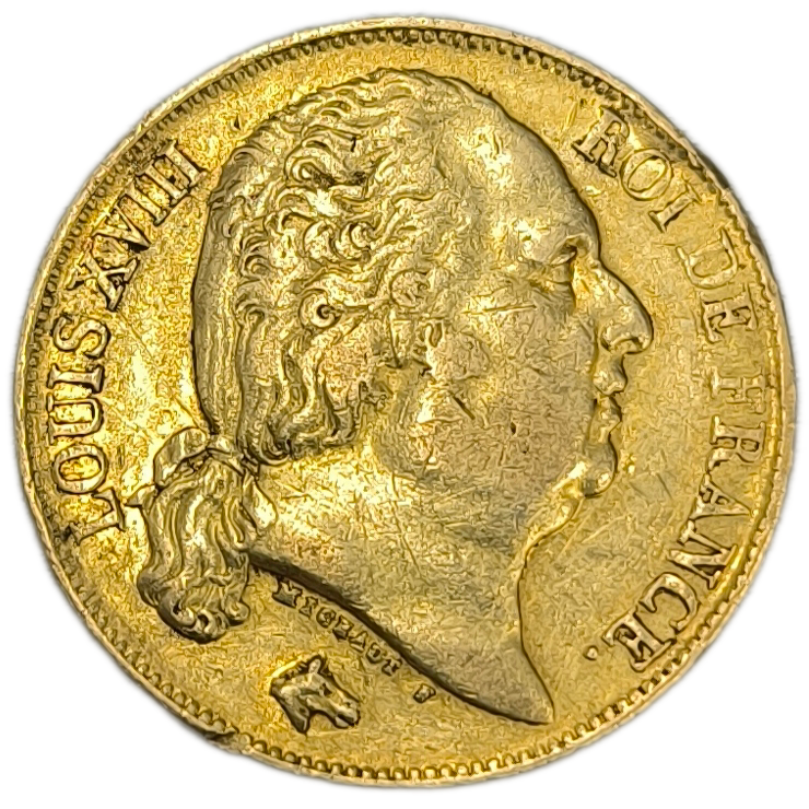Louis XVIII, 20 francs, tête nue 1816 Perpignan