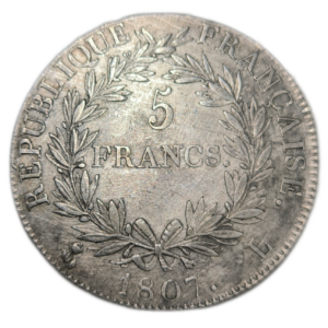 Napoléon 1er, 5 francs Napoléon empereur, calendrier grégorien 1807 Bayonne