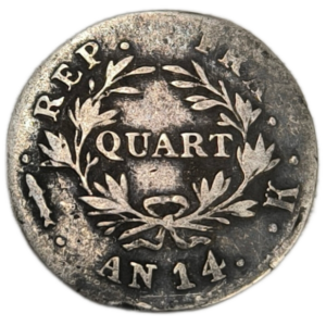 Napoléon 1er, quart de franc Napoléon empereur, calendrier révolutionnaire An 14 Bordeaux