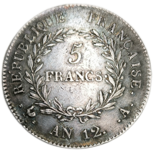 Consulat, 5 francs Bonaparte premier consul An 12 Paris