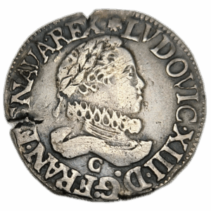 Louis XIII, demi-franc, grosse tête laurée au col fraisé 1613 Saint-Lô