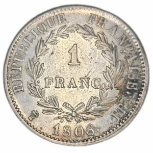 Napoléon 1er, 1 franc tête laurée, république française 1808 Strasbourg