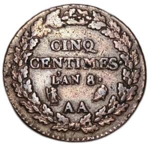 Directoire, 5 centimes Dupré, grand module An 8 Metz