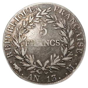 Napoléon 1er, 5 francs Napoléon empereur, calendrier révolutionnaire An 13 Toulouse
