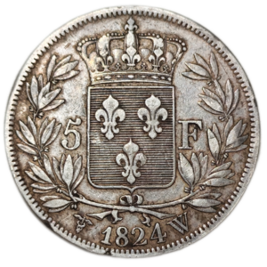 Louis XVIII, 5 francs tête nue 1824 Lille